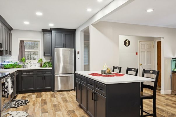 Dining room, Interior, Kitchen, Recessed Lighting, Stainless Steel Appliances, Wood Texture Flooring