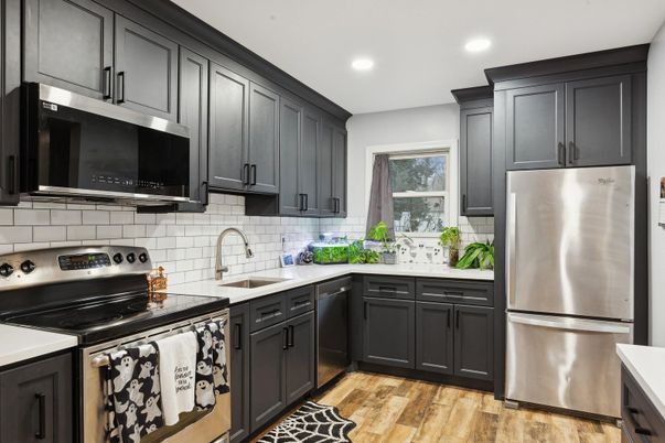 Interior, Kitchen, Recessed Lighting, Stainless Steel Appliances, Wood Texture Flooring