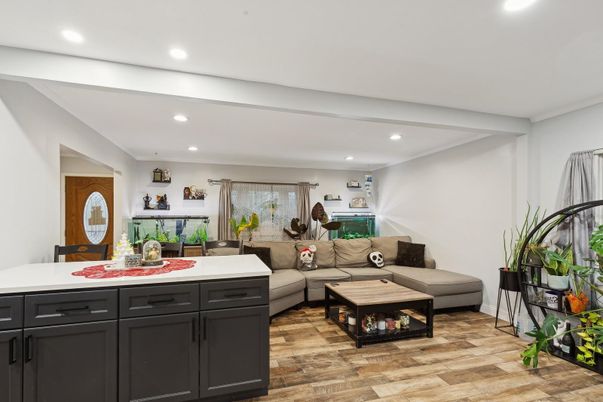 Dining room, Interior, Living room, Recessed Lighting, Wood Texture Flooring