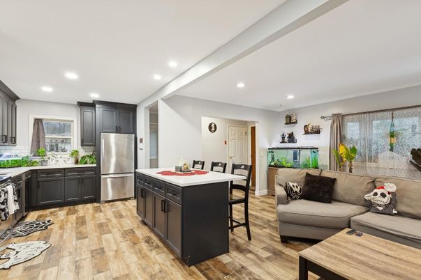 Interior, Kitchen, Living room, Recessed Lighting, Stainless Steel Appliances, Wood Texture Flooring