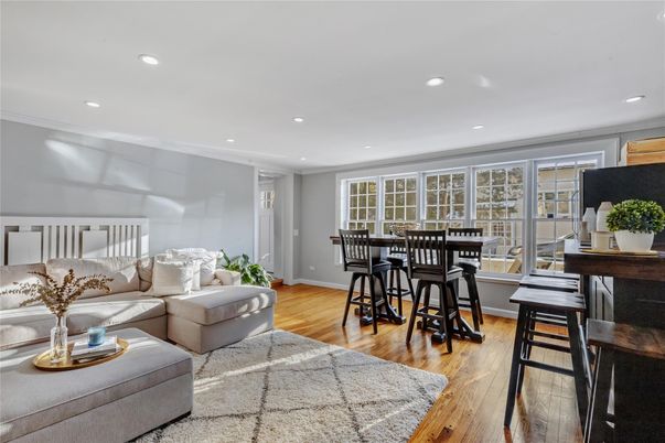 Dining room, Interior, Living room, Recessed Lighting, Wood Texture Flooring