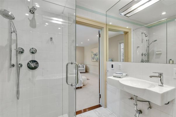 Bathroom, Dual Sink Vanities, Glass Shower, Interior, Marble, Recessed Lighting