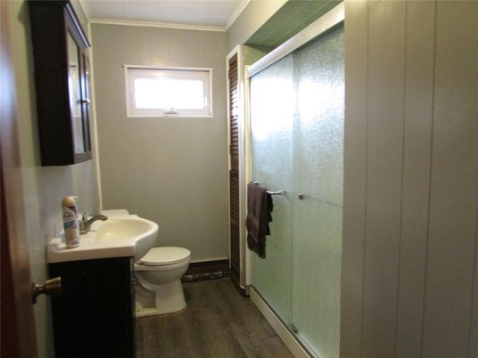 Bathroom, Glass Shower, Interior, Wood Texture Flooring