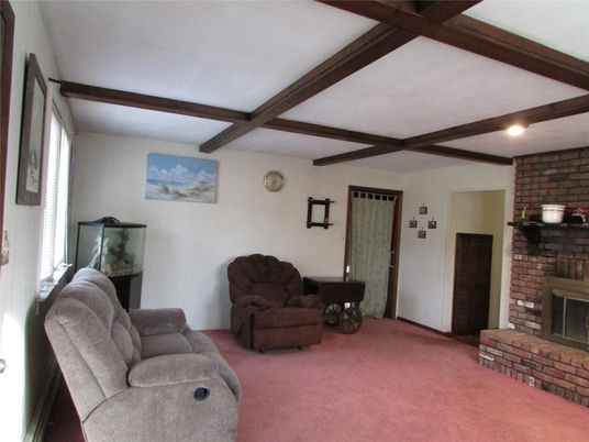 Fireplace, Interior, Recessed Lighting, Stone Walls, Wooden Beams