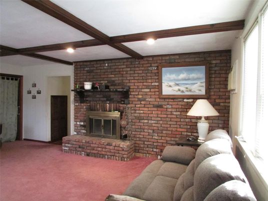 Fireplace, Interior, Living room, Recessed Lighting, Stone Walls, Wooden Beams