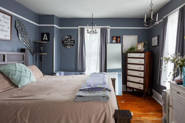 Bedroom, Interior, Pendant Lights, Wood Texture Flooring