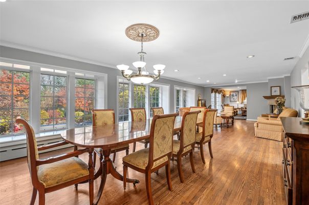 Chandelier, Dining room, Interior, Recessed Lighting, Wood Texture Flooring