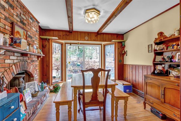 Dining room, Fireplace, Interior, Stone Walls, Wooden Beams, Wood Texture Flooring, Wooden Walls