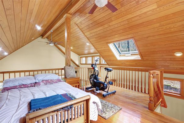 Bedroom, Fitness Equipment, Interior, Recessed Lighting, Wooden Ceilings, Wood Texture Flooring, Wooden Walls