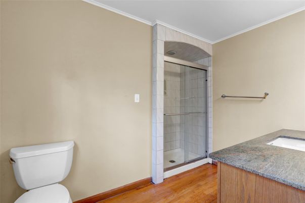 Bathroom, Glass Shower, Interior, Wood Texture Flooring