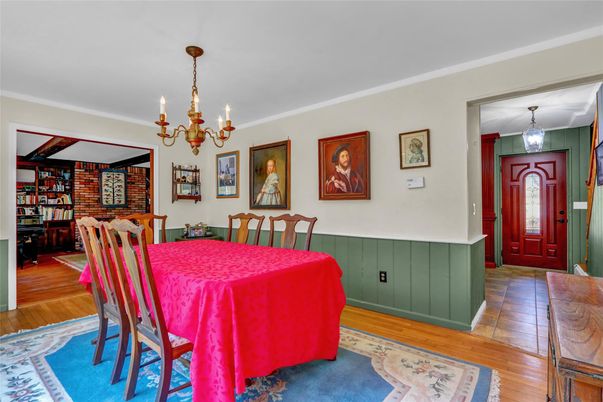 Chandelier, Dining room, Interior, Stone Walls, Wood Texture Flooring