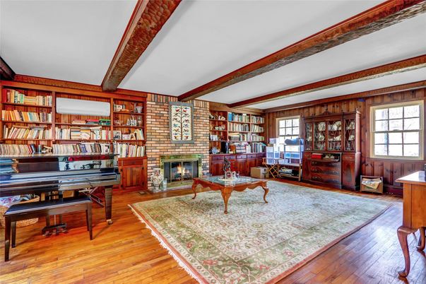 Fireplace, Interior, Piano, Stone Walls, Wooden Beams, Wood Texture Flooring