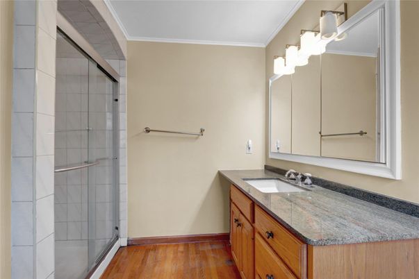 Bathroom, Glass Shower, Interior, Wood Texture Flooring