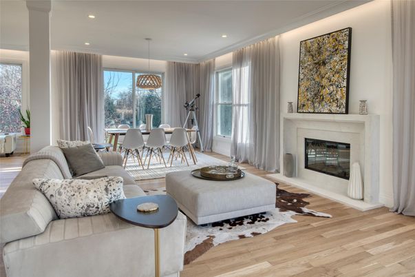 Dining room, Fireplace, Interior, Living room, Pendant Lights, Recessed Lighting, Wood Texture Flooring