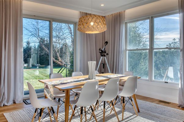 Dining room, Interior, Pendant Lights, Recessed Lighting, Wood Texture Flooring
