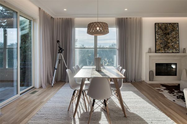 Dining room, Fireplace, Interior, Pendant Lights, Recessed Lighting, Wood Texture Flooring
