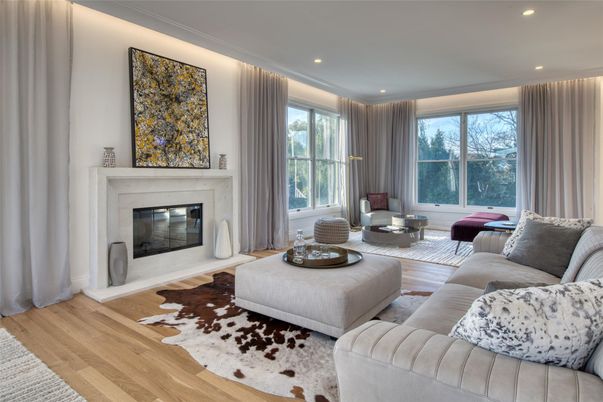Fireplace, Interior, Living room, Recessed Lighting, Wood Texture Flooring
