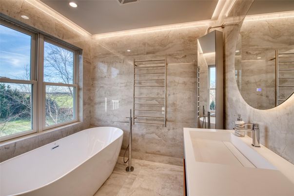 Bathroom, Free Standing Baths, Glass Shower, Interior, Marble Walls, Recessed Lighting