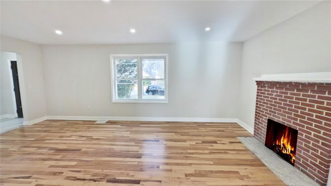 Empty room, Fireplace, Interior, Recessed Lighting, Wood Texture Flooring