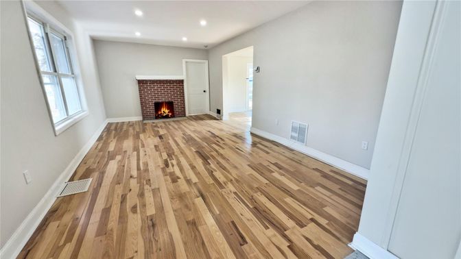 Empty room, Fireplace, Interior, Recessed Lighting, Wood Texture Flooring