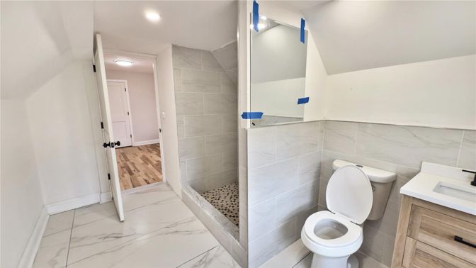 Bathroom, Interior, Marble, Recessed Lighting, Wood Texture Flooring