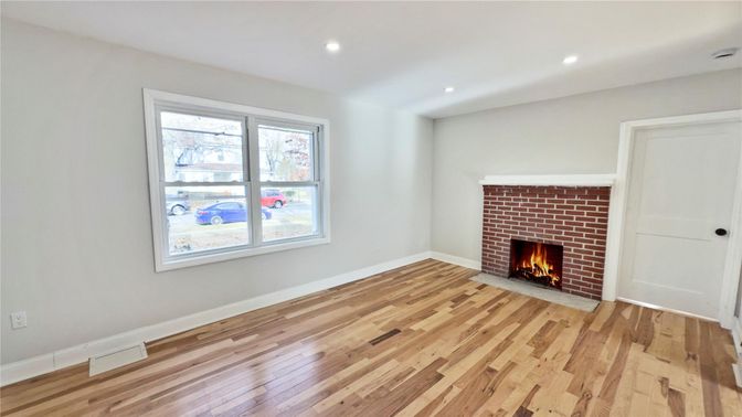 Empty room, Fireplace, Interior, Recessed Lighting, Wood Texture Flooring