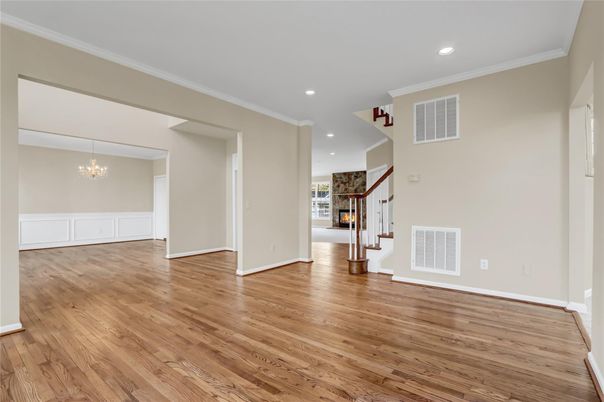 Chandelier, Empty room, Interior, Recessed Lighting, Wood Texture Flooring