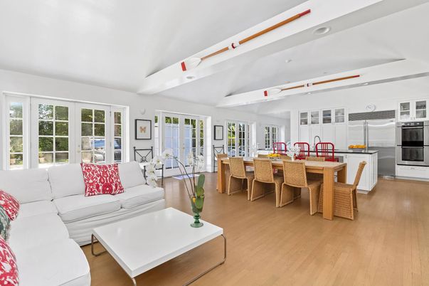 Dining room, Interior, Kitchen, Living room, Recessed Lighting, Stainless Steel Appliances, Wood Texture Flooring