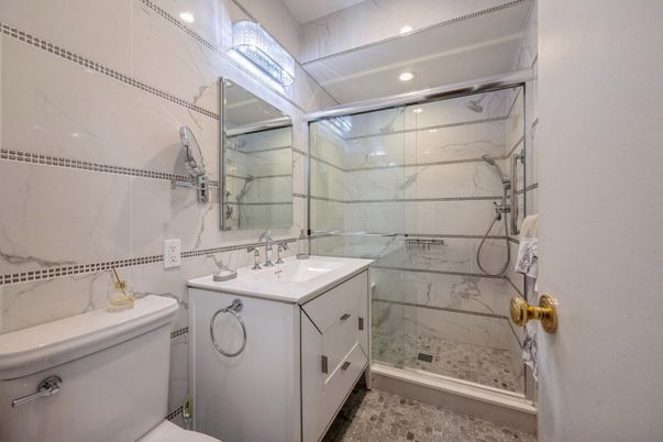 Bathroom, Glass Shower, Interior, Marble Walls, Recessed Lighting