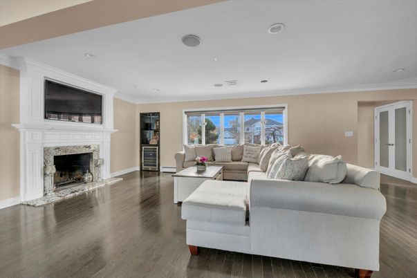 Fireplace, Interior, Living room, Recessed Lighting, Wood Texture Flooring
