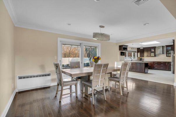 Dining room, Interior, Kitchen, Recessed Lighting, Stainless Steel Appliances, Wood Texture Flooring