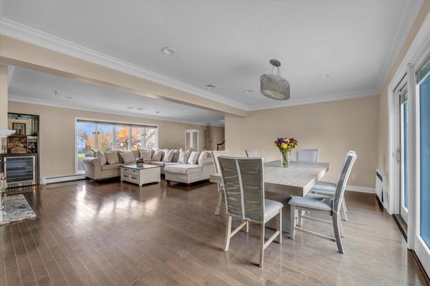 Dining room, Fireplace, Interior, Living room, Recessed Lighting, Wood Texture Flooring