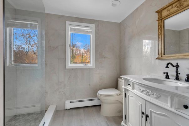 Bathroom, Interior, Marble Walls, Wood Texture Flooring
