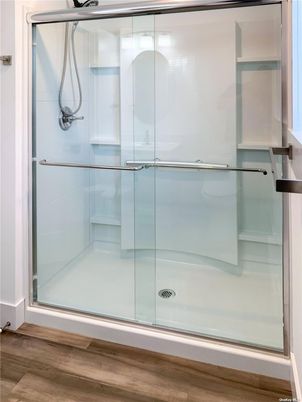 Bathroom, Glass Shower, Interior, Wood Texture Flooring