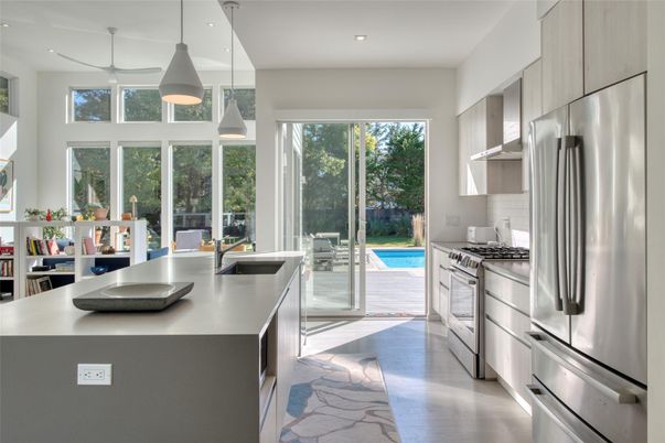 Interior, Kitchen, Pendant Lights, Recessed Lighting, Stainless Steel Appliances, Wood Texture Flooring