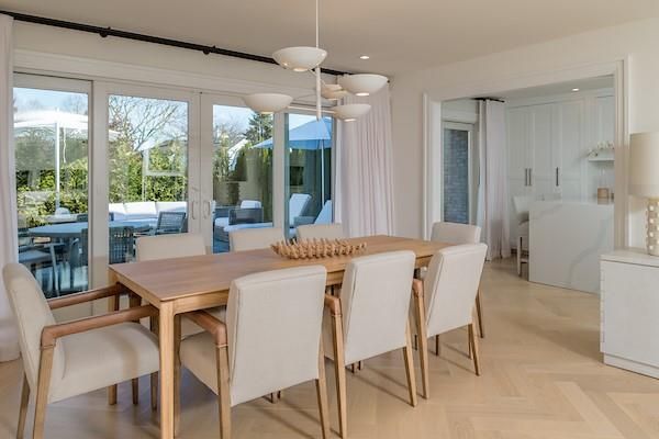 Dining room, Interior, Pendant Lights, Recessed Lighting, Wood Texture Flooring