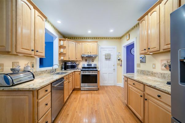 Interior, Kitchen, Recessed Lighting, Stainless Steel Appliances, Wood Texture Flooring