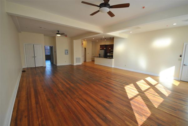 Empty room, Interior, Kitchen, Recessed Lighting, Wood Texture Flooring
