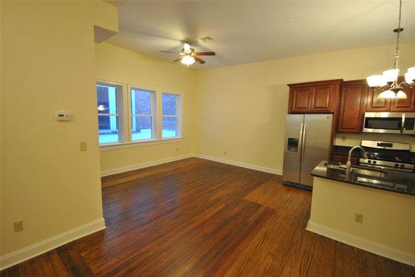 Interior, Kitchen, Pendant Lights, Stainless Steel Appliances, Wood Texture Flooring