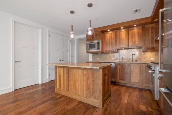 Interior, Kitchen, Pendant Lights, Recessed Lighting, Stainless Steel Appliances, Wood Texture Flooring