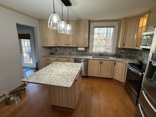 Interior, Kitchen, Pendant Lights, Stainless Steel Appliances, Wood Texture Flooring