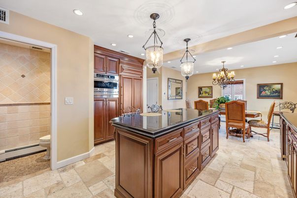 Chandelier, Dining room, Interior, Kitchen, Pendant Lights, Recessed Lighting, Stainless Steel Appliances