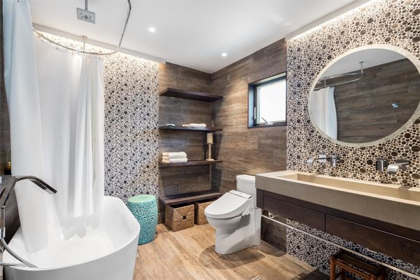 Bathroom, Free Standing Baths, Interior, Recessed Lighting, Wood Texture Flooring