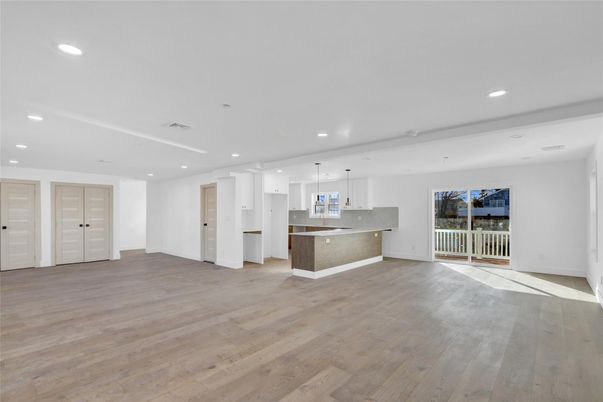 Empty room, Interior, Kitchen, Pendant Lights, Recessed Lighting, Wood Texture Flooring