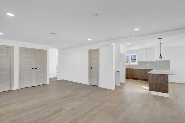 Empty room, Interior, Kitchen, Pendant Lights, Recessed Lighting, Wood Texture Flooring