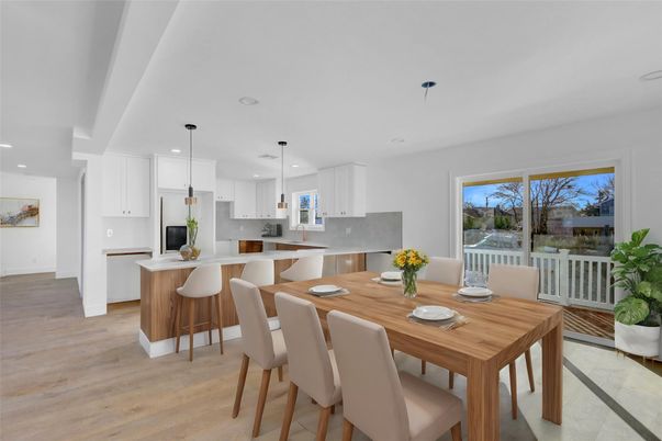 Dining room, Interior, Kitchen, Pendant Lights, Recessed Lighting, Stainless Steel Appliances, Wood Texture Flooring