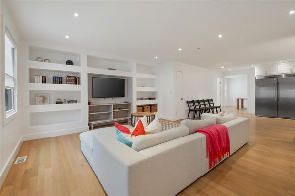 Interior, Kitchen, Living room, Recessed Lighting, Stainless Steel Appliances, Wood Texture Flooring
