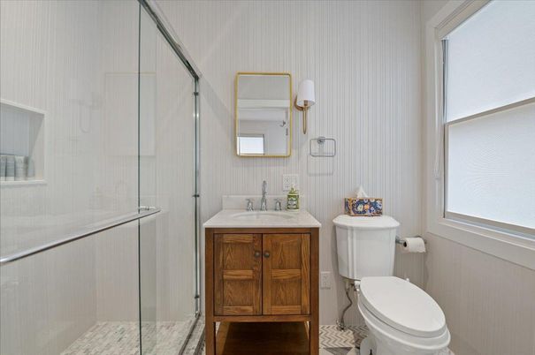 Bathroom, Glass Shower, Interior, Wood Texture Flooring