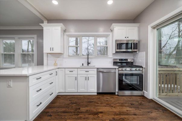Interior, Kitchen, Recessed Lighting, Stainless Steel Appliances, Wood Texture Flooring