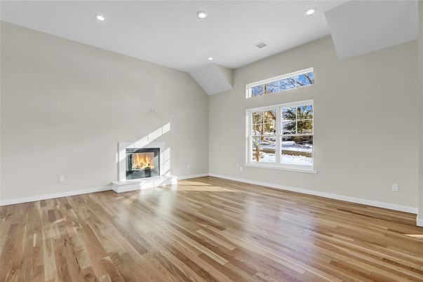 Empty room, Fireplace, Interior, Recessed Lighting, Wood Texture Flooring